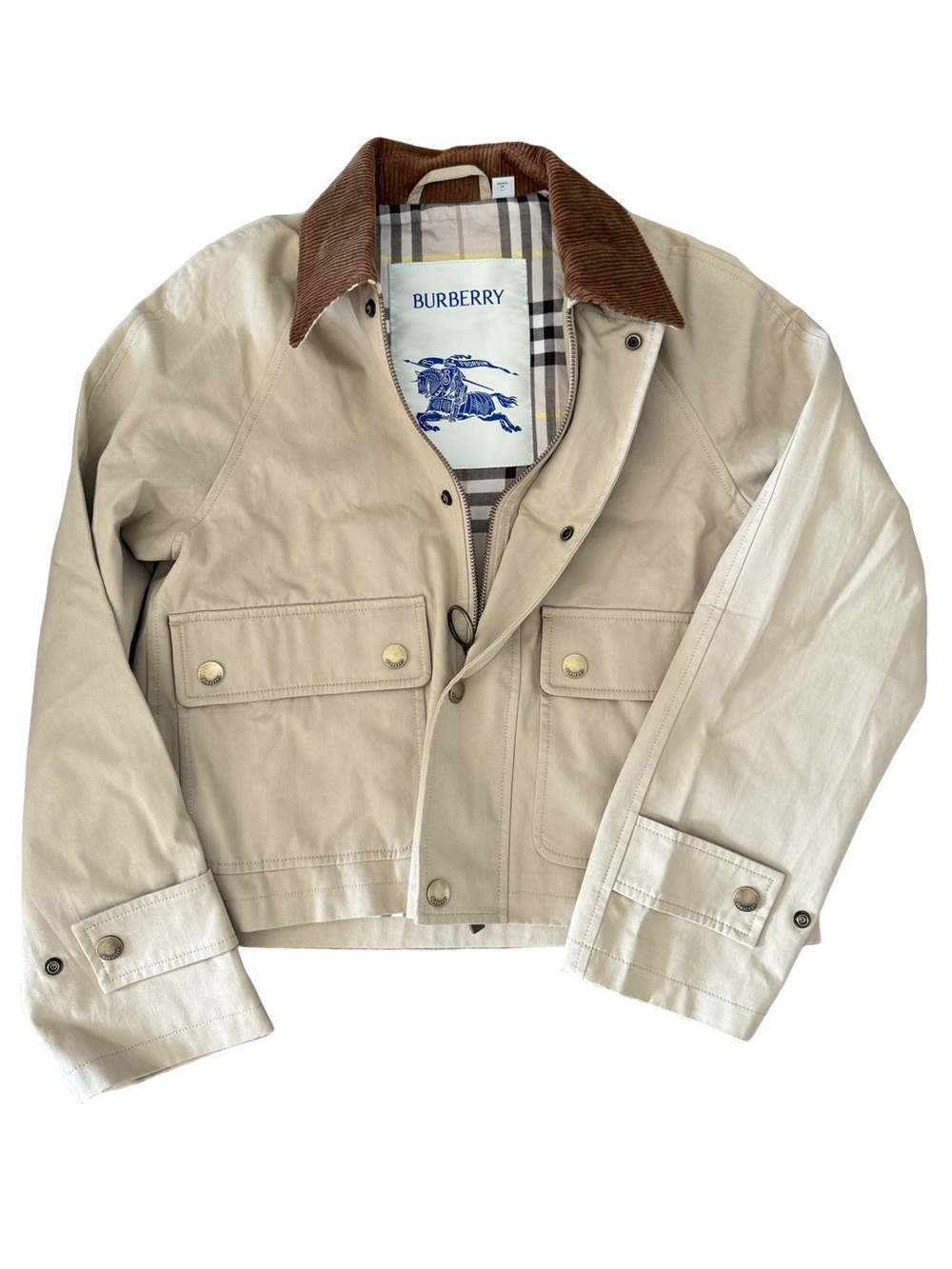 Burberry Beige Cotton Jacket w Brown Corduroy Collar (Classic Checkered Lining)